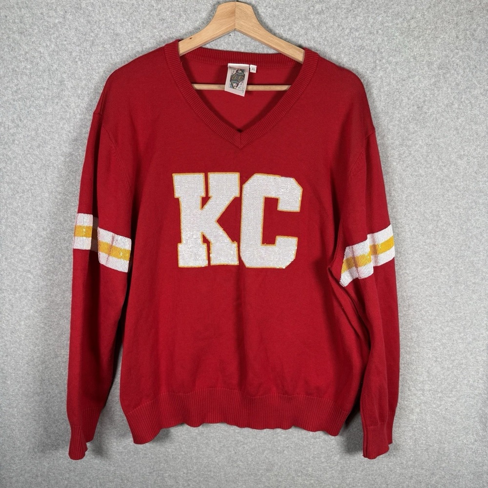 Queen of sparkles kansas city chief sweater womens XL red pullover v neck sequin - Picture 1 of 9